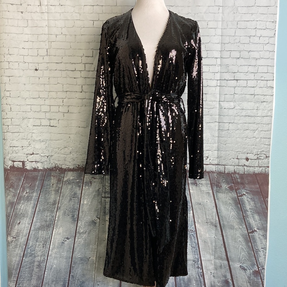 Sequin Long Sleeve Wrap Top - Black